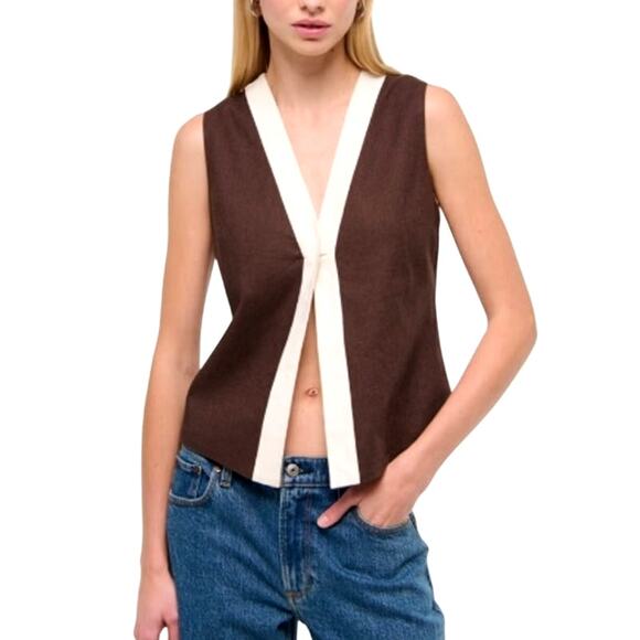 Abercrombie & Fitch Linen Blend Vest Top Sleeveless Womens Size XS Brown & Cream - Picture 1 of 16